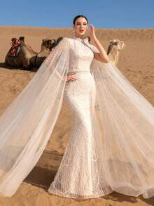 Faeriesty Haute Glamour Luxury Sparkly Beaded Sequin Evening Gown With Wave Pattern Embroidery & Crystal Accents - Tulle Cape Sleeves & Floor-Length Cascading Skirt For Galas, Wedding Banquets & High-End Red Carpet Events For Women - Màu be - Xem 7