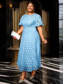 Light Blue Lace Dresses A Line Party Short Puff Sleeves With Lining Plus Size Women Birthday Gowns - 淺藍色 - 查看 5