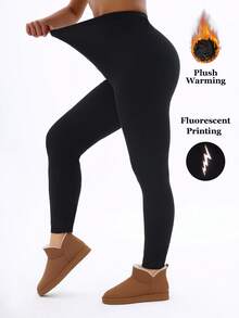 1 Pack Women's Thermal Lined Black Leggings With Reflective Lightning Print, Glow-In-The-Dark Design, Soft & Comfortable For Yoga, Workout, Outdoor Activities, Casual Wear, Stretchy & Slimming - Black - View 6