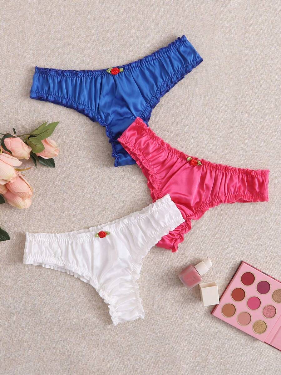 weiweihu 3pcs Women's Rose Thong Elastic Sports Underwear   Sexy Low-Waist Women's Underwear, Exquisite Craftsmanship, Comfortable And Breathable Underwear For Women Elegant Solid Color (Pink/Blue/White) Skin-Friendly Fabric Holiday Gift Lover Wife - 粉紅色+藍色+白色 - 查看 1