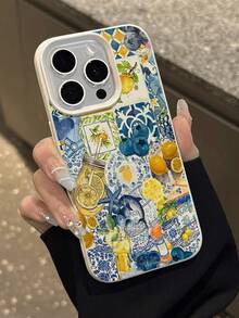 1件装 时尚夏季柠檬蓝莓花卉拼接荔枝纹理防摔防滑软手机壳保护套 兼容苹果和其他手机 - 彩色 - 查看 5
