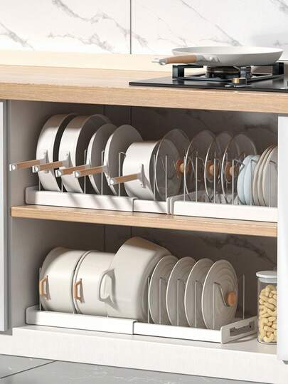 1pc Expandable Kitchen Drawer Organizer, Pull-Out Space Saving Design With Adjustable Pot Lid Rack, Efficient Storage For Utensils On Countertop Or Cabinet