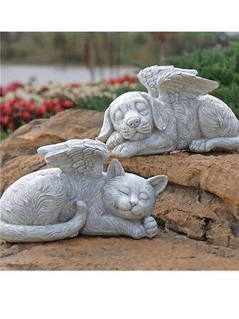 1 件天使狗猫纪念石雕像，宠物纪念石，宠物纪念墓碑花园装饰小狗墓碑雕塑摆件