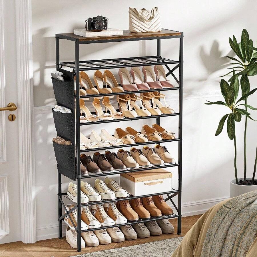 BGTREND 8 - Tier Metal Shoe Rack Organizer With Wooden Top, 24 - 32 Pairs Shoe Storage Shelf Entryway Hallway 52.56 Tall, Brown