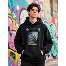 Men'S Black Megadeth Graphic Hoodie - Stylish Loose Fit, Casual Streetwear Design With Band Member Illustrations, Warm & Comfortable Winter Fabric, Streetwear Fashion | Musicthemed Apparel | Knitted Construction, Sweater Hoodie - 黑色 - 查看 1