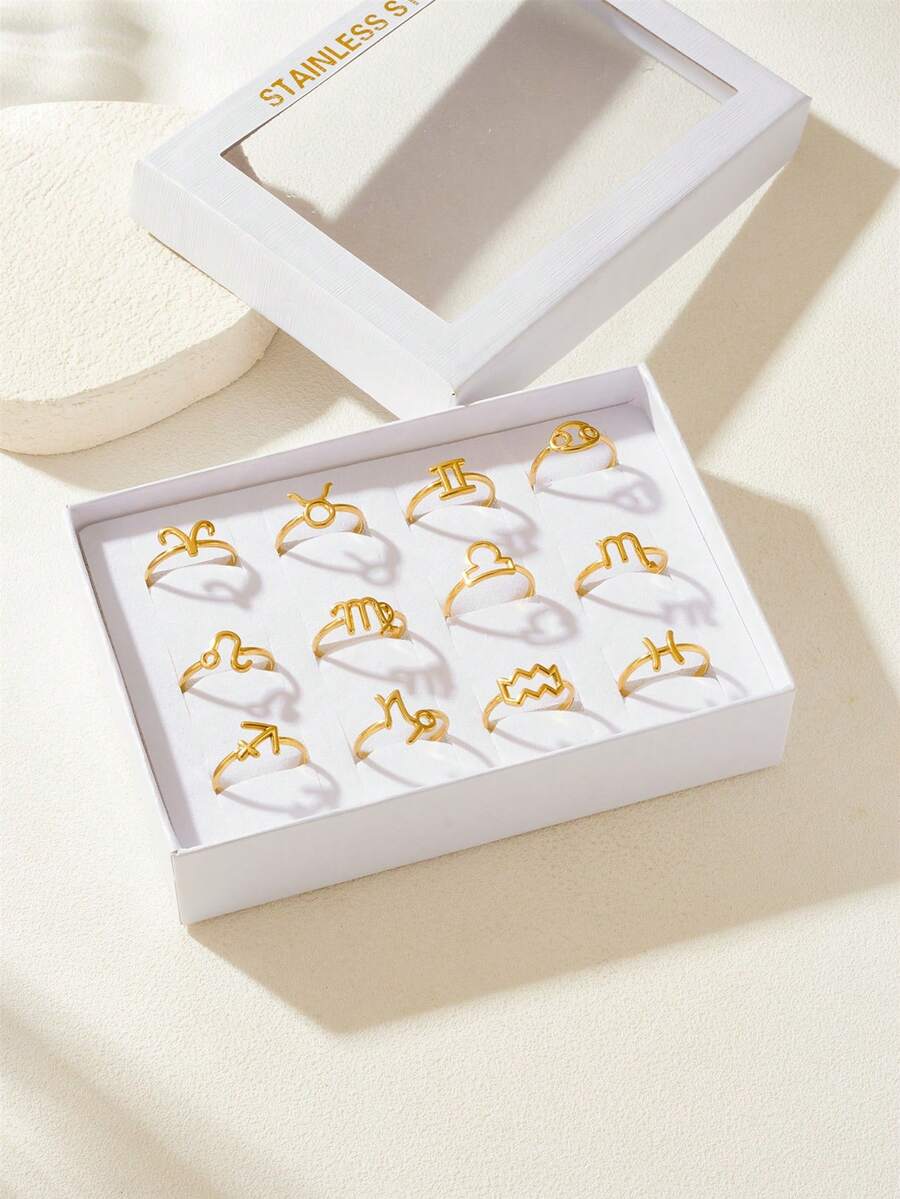 18K Gold Plated Stainless Steel Zodiac Ring, Luxury Jewelry Set With Gift Box, Suitable For Men And Women, Ideal For Daily Wear Or As A Gift For Girlfriend, Mother, Holiday