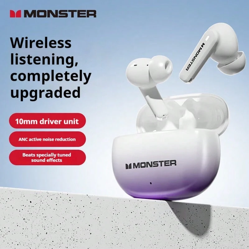 Monster XT02 真无线蓝牙耳机,带主动降噪功能,轻巧入耳式音乐、游戏和运动耳机(中文包装) - 白紫 - 查看 1