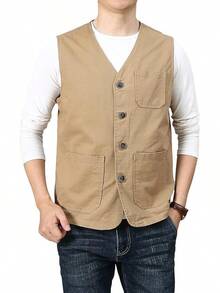 Men's Casual Outdoor Cotton Vest Lightweight Breathable Multi-Pocket Fishing Travel Vests OutwearChristmas IQWV - 02-卡其色 - 查看 10