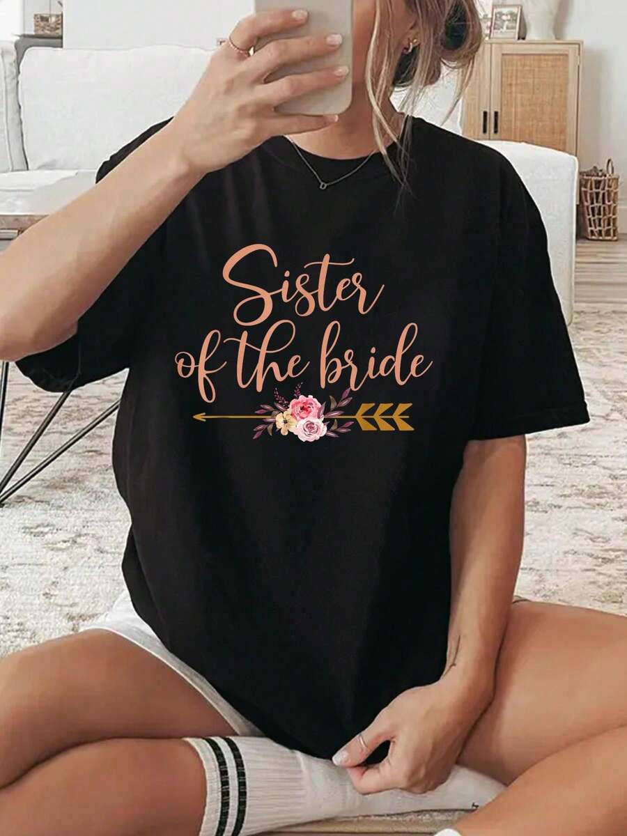 Sister Of The Bride Bridal Shower Gift Wedding Party T-Shirt, Graphic Tees Women - 黑色 - 查看 1