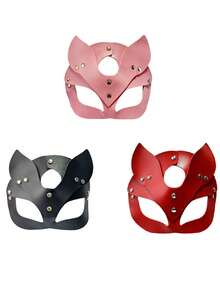 1pc Black Synthetic Leather Cat Mask With Ear Holes - Gothic Punk Style Halloween Party, Masquerade Ball And Adult Game Costume Accessory | Cat Themed Mask | Bold Fashion Mask - Multicolor - View 3
