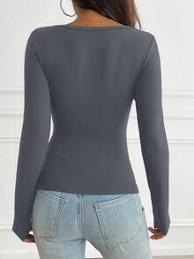 GAOVOT Women's T-Shirt, Y2K Spring/Summer Casual Daily Sexy Solid Color Lace Patchwork Fitted Long Sleeve V-Neck Top, Suitable For Commuting - Dark Grey - View 2