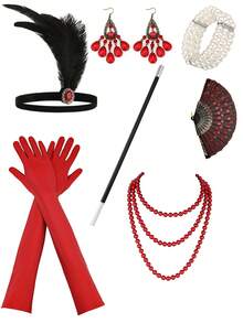 1920 年代女士派对化妆舞会头饰、羽毛头带、耳环、手套、手镯、烟嘴、蕾丝手扇、7 件套派对套装，适合万圣节/盖茨比派对舞会 - 黑色 - 查看 4
