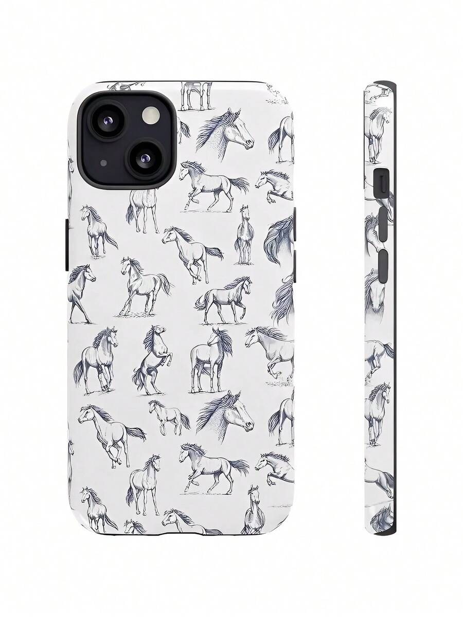 Blue Hand - Drawn Horse Patterns Two-In-One Matte Texture Phone Case Suitable For Compatible With Iphone17,16, 15, 14, 13, 12, 11, PRO MAX,PLUS,As Well As , Galaxy S21/22/23/24/25 Ultra/FE+,NOTE20 Ultra,A71/56/55/54/53/52/36/34/26/25/23/16/15/14/13/06 - 彩色 - 查看 1