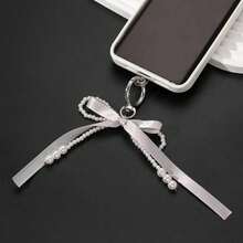 1pc Plaid Bow Faux Pearl Keychain, Backpack Accessory, Unique Beaded Phone Case Charm, Minimalist Bow Design Halloween Accessories Teachers Day Christmas Gift Ideas - Silver Gray - View 2