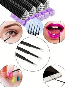 100pcs Black/Purple Micro Brushes For Eyelash Extension And Makeup - 2.0mm Precise Brush Head, Fragrance-Free, No Power Needed, Fluffy White Bristles, Makeup Tools And Accessories, Makeup Application | Fashionable Handle Design | Synthetic Bristles - Multicolor - View 2