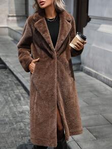 冬季必备：棕色仿毛皮长款翻领大衣 - 咖啡色 - 查看 7