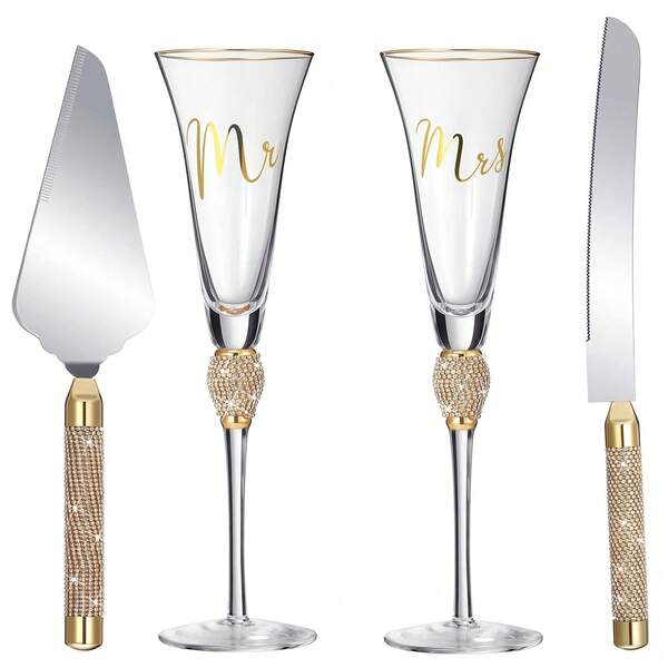 4 Piece Wedding Cake Knife And Champagne Flutes Server Set Mr And Mrs Toasting Flutes Crystal Rhinestone Cake Cutting Set For Product And Groom Wedding Engagement Bridal Shower Gifts(Gold)