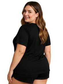 Pijama Plus SIze de Suede Canelado Blusa e Short Baby Doll Juliana 50 52 54 56 - Preto - Visão 3