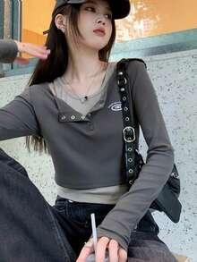 女士复古性感刺绣纽扣长袖T恤，修身休闲款，情人节，春夏款 - 深灰色 - 查看 4