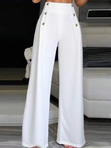 Pantalones rectos y de pierna ancha de estilo francés elegante con botones metálicos de doble botonadura y decoración, color blanco sólido para mujer. Altamente favorecedores y alargadores, adecuados para uso diario, oficina y citas