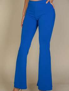 Women's Solid Color Rib Knit High Waisted Flare Pants For All Season Casual Basic Pants - 皇家 - 查看 2