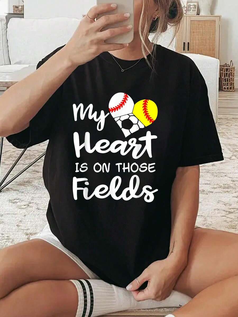My Heart Is On Those Fields Baseball Softball Soccer Mom T-Shirt, Graphic Tees Women - 黑色 - 查看 1