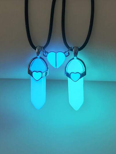 ATLVXJL 2pcs/Set Glow-In-The-Dark Heart Shaped Couple/Friendship Necklace Set With Leather Cord, Casual Couple Jewelry Suitable For Daily Wear And Valentine's Day Gift