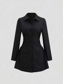 Dravelle Solid Color Casual Elegant Front Button Ruffle Zip Women Short Dresses - Black - View 1