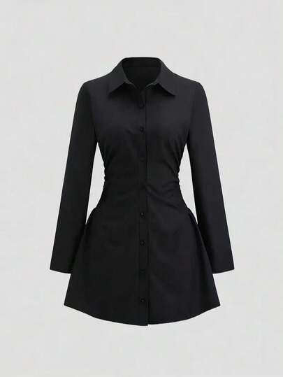 Vestidos cortos de mujer de unicolor, elegantes y casuales con botones delanteros, volantes y cremallera