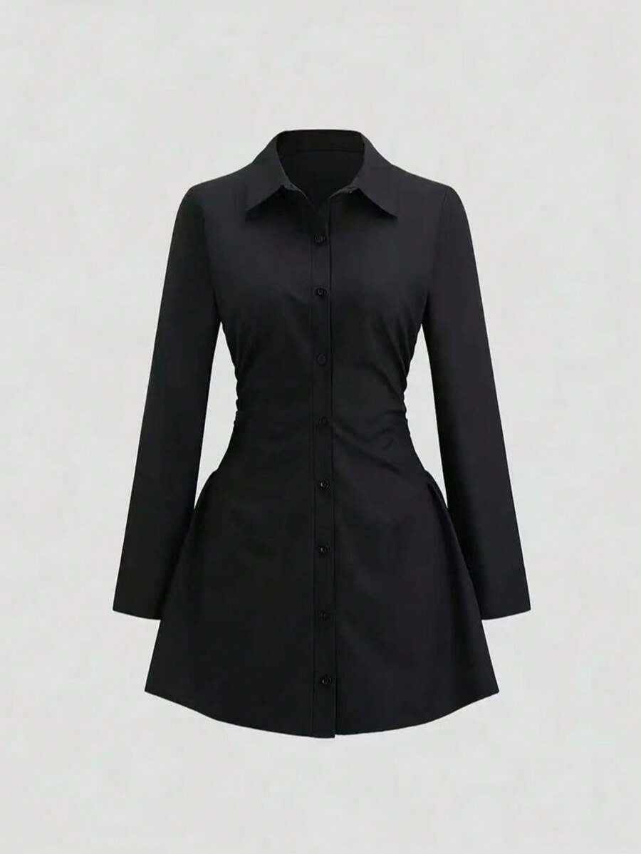 Dravelle Solid Color Casual Elegant Front Button Ruffle Zip Women Short Dresses - Black - View 1