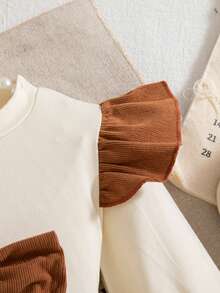 Herbst/Winter Baby Mädchen süßer Rundhals brauner Flügelärmel Rüschen Langarm Top mit brauner Schleife Deko & brauner Vintage Stil Rock