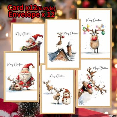 12pcs Funny Santa & Reindeer Christmas Greeting Cards With Envelopes - Festive Holiday Cards For Family, Friends, And Colleagues - Suitable For Xmas, New Year And Thank You Occasions