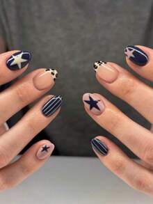 24pcs Short Oval Star Pattern Leopard Nails Design French Tip Press On Nails Short Perfect Fit Acrylic False Nail Set, Include: 1pc Jelly Glue And 1pc Nail File, French Tip Nails For Women And Girls Daily Life Rave Party Use