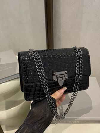 Bolso de hombro retro de mujer de mini moda, bolso cruzado ligero de cadena metálica de PU, bolso cuadrado de candado casual, bolso de caimán, bolso de compras para chica joven, adecuado para el transporte diario de mujeres