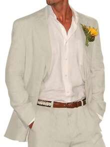 2 Piece Linen Suits For Men Slim Fit Casual Beach Wedding Summer Grooms Groomsmen Linen Blazer Pants Suithalloween - 白色 - 查看 3