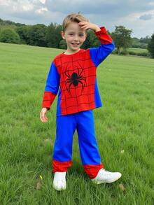 2 件套年轻男孩派对休闲时尚可爱礼物，舒适户外蜘蛛网拼色红蓝蜘蛛印花圆领长袖上衣和直筒裤套装，秋季