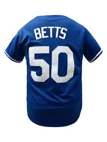 KTYSDE Áo bóng chày thêu chữ Los Angeles màu xanh số 50 dành cho nam, áo thể thao cài nút cổ chữ V tay ngắn rộng rãi - Màu xanh lam - Xem 3