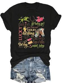 Camiseta de manga corta unisex de cuello redondo, informal, transpirable y versátil, adecuada para adolescentes y adultos, con diseño del 150th Kentucky Derby Day de carreras de caballos - Negro - Ver 1