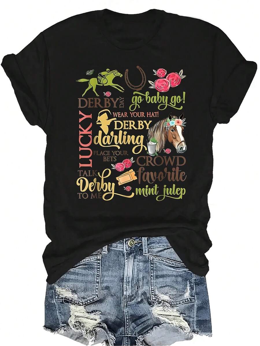 Camiseta de manga corta unisex de cuello redondo, informal, transpirable y versátil, adecuada para adolescentes y adultos, con diseño del 150th Kentucky Derby Day de carreras de caballos - Negro - Ver 1