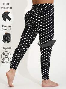 Plus Size Women's Minimalist Black Leggings With Small Polka Dot Pattern, Suitable For Outdoor Activities, Cycling, Adventure, Hiking, Casual, Sports, Running, Fitness, Home Workout, Squats, Yoga, Gym Training, Ankle Length