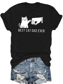 Mejor papá de gato siempre Camiseta unisex de verano casual y transpirable con cuello redondo, manga corta, estampado de personalidad, ropa de calle versátil, adecuada para adolescentes y adultos - Negro - Ver 1