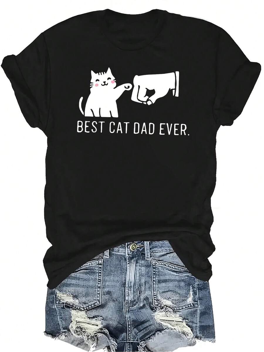 Mejor papá de gato siempre Camiseta unisex de verano casual y transpirable con cuello redondo, manga corta, estampado de personalidad, ropa de calle versátil, adecuada para adolescentes y adultos - Negro - Ver 1
