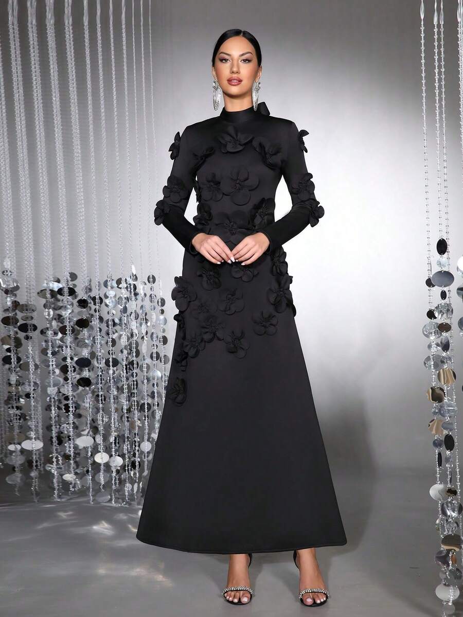 Váy maxi dài tay đính nơ họa tiết hoa 3D thanh lịch dành cho nữ, thích hợp cho ngày lễ tình nhân, phù dâu, dạ hội trang trọng - màu đen - Xem 1