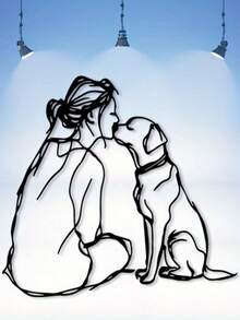 1pc Dog Mom Line Art Metal Wall Decor - Vintage Warm-Hearted Illustration Of Female Friendship With Canine, Powder Coated Iron, Modern Home Office & Pet Friendly Living Room Decoration, Year-Round Gift For Dog Lovers, Vintage Art Style, Delicate Line Craft, Best For Christmas - màu đen - Xem 1