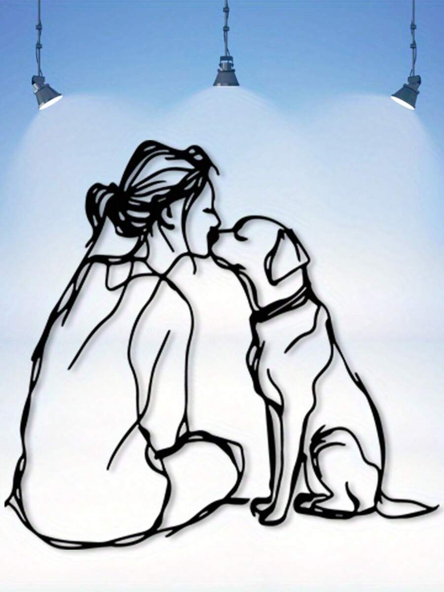 1pc Dog Mom Line Art Metal Wall Decor - Vintage Warm-Hearted Illustration Of Female Friendship With Canine, Powder Coated Iron, Modern Home Office & Pet Friendly Living Room Decoration, Year-Round Gift For Dog Lovers, Vintage Art Style, Delicate Line Craft, Best For Christmas - màu đen - Xem 1