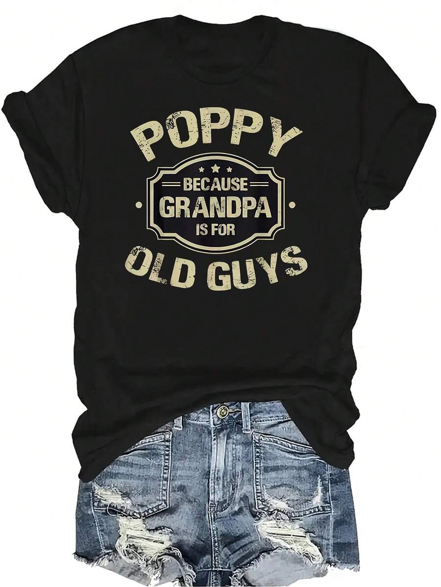 Camiseta de verano casual y transpirable con cuello redondo y manga corta, con estampado de amapola, de estilo versátil, adecuada para adolescentes y adultos - Negro - Ver 1