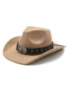 1pc Unisex New Faux Leather Cowboy Hat With Star Beaded Decor, High-Quality Suede Material Wide Brim Hat, Fashion Minimalist European & American Style Western Cowboy Hat, Suitable For Daily Wear, Western Themed Events, Birthday Parties, Music Festivals, Horseback Riding And More Occasions