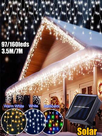 Solar Light Curtain Outdoor, 3.5m / 7m Waterproof Frost Proof Icicle String Lights, 8 Flashing Modes 97 Leds /160 Leds Solar String Lights, 16/27 Strands Fairy Lights Curtain, Winter Outdoor Indoor Decoration Christmas Decoration For Garden, Balcony, Wedding, Courtyard, Stairs, Roof, Bedroom, Party (Warm White Multicolor) Christmas Decoration Christmas Tree Gift Decor Thanksgiving Wedding