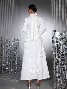 新款优雅女式 3D 花卉装饰长袖领结修身立体花朵连衣裙，适合情人节、伴娘、正式晚礼服 - 白色 - 查看 7