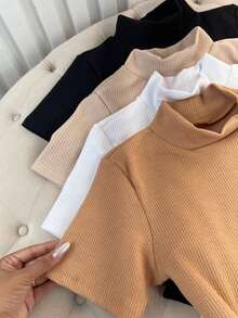 Women's Short Sleeve High Neck Ribbed Bodysuit, Premium Blogger Summer - Màu xanh lam - Xem 2